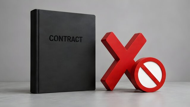 Black contract book next to a red prohibition and cross symbol representing canceled agreement, legal breach, or rejected terms