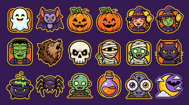 Colorful Halloween Cartoon Icons Set Collection.