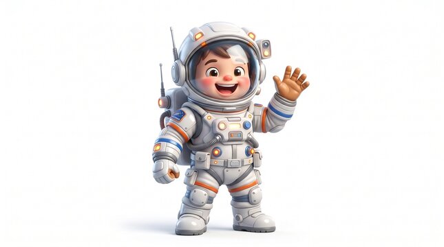Cute 3D Render Astronaut Kid Waving. Adorable Animated Character in White Space Suit with Helmet. Happy Baby Boy Exterior Suit on White Background.