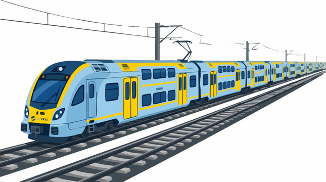 Modern Electric Commuter Train on Railway Tracks with Overhead Lines