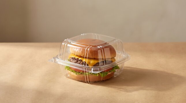 A tasty cheeseburger inside a clear plastic container sitting on a brown paper surface for takeout food. clamshell packaging burgers