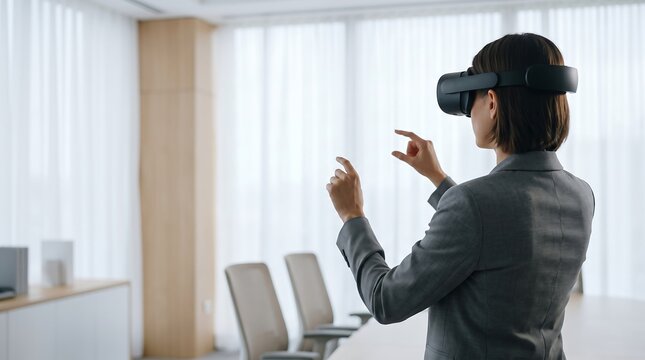 Businesswoman using virtual reality headset in modern office for immersive digital training.