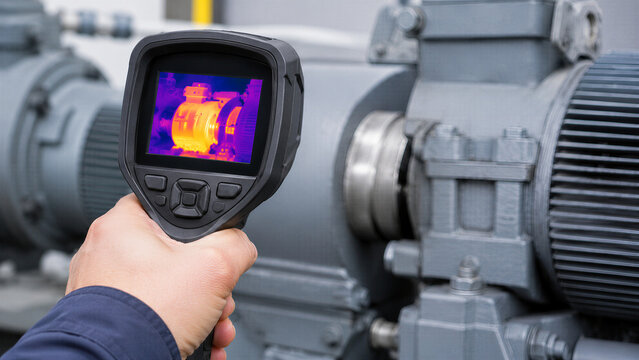 Technician hand holding thermal imaging camera checking industrial electric motor equipment. Infrared thermography inspection of machinery for predictive maintenance and fault detection in factory.
