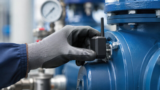 Technician in work glove installing wireless vibration sensor on industrial pump. Predictive maintenance and condition monitoring with IoT technology. Smart factory equipment inspection