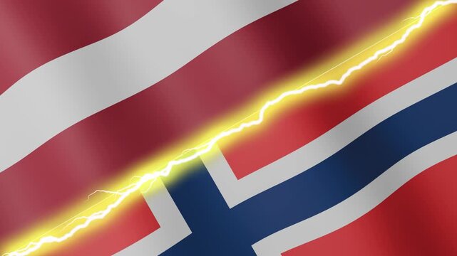 Two waving flags Latvia and Norway with diagonal lightning seamless, 4k loop