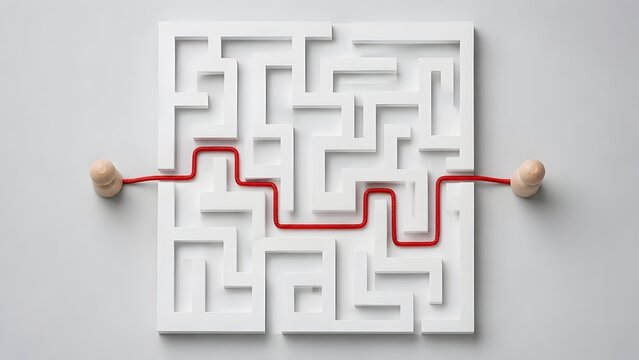 Two wooden figures connected by a red string navigating through a complex white maze representing business strategy and problem solving