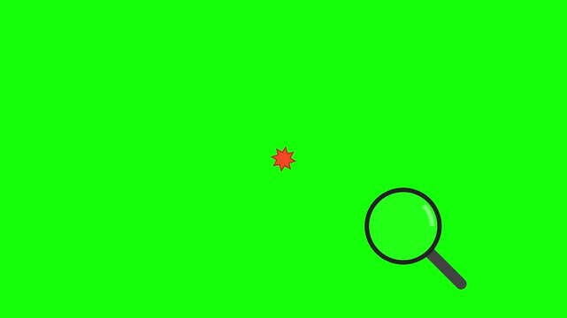 2D vector animation of a magnifying glass featuring a red starburst impact symbol, flat design search icon with motion lines on chroma key green screen background for video overlay.