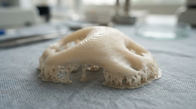 Layered biocompatible polymer implant with scaffold remnants and ivory translucent resin textures