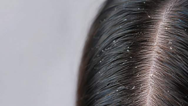 Dandruff on human hair and scalp close up, dermatology health and personal care concept