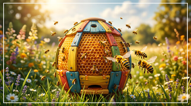 Colorful Hive Egg in Vibrant Garden with Bees During Spring