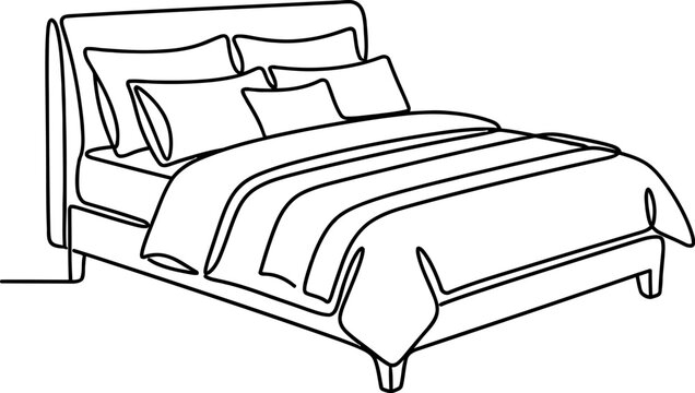 Simple black and white line drawing of a comfortable double bed with pillows and a duvet cover