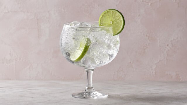 Chilled gin and tonic in a stemmed copa glass with ice and lime garnish on a marble tabletop and soft pink backdrop