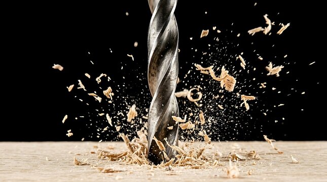 Metal drill bit drilling into wood with flying shavings