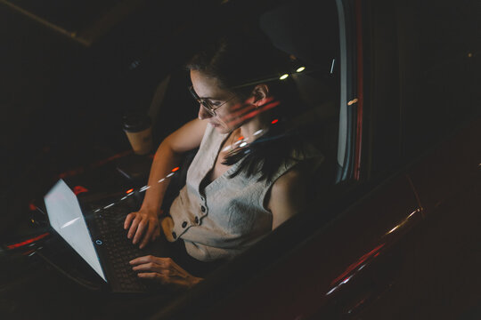 Remote work in car at night