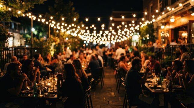 People dining at outdoor tables in a restaurant patio at night, illuminated by warm string lights creating a festive and social atmosphere world vegan day