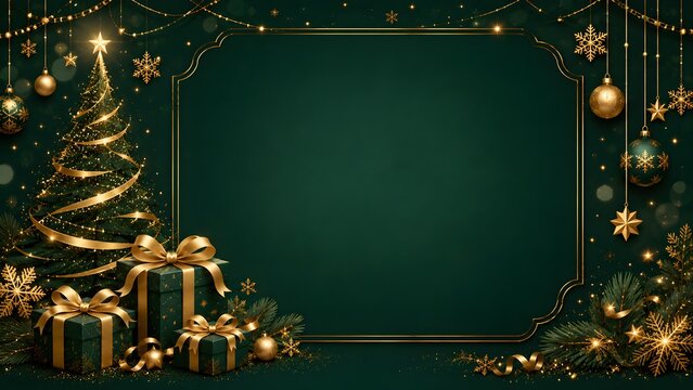 Elegant christmas background with dark green frame golden lights christmas tree wrapped gifts