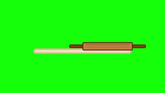 2D animation style wooden rolling pin flattening dough on a chroma key green screen background. Simple vector graphic for food preparation, baking, and culinary digital projects.