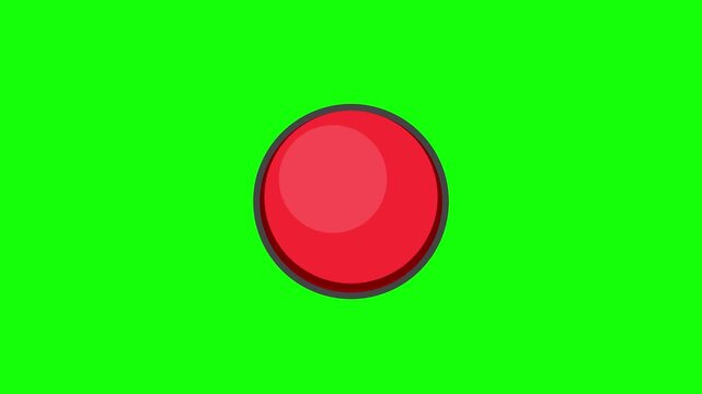 Red button animation element with dark grey border and white concentric ring outlines isolated on a bright green chroma key background for digital video editing and motion graphics.