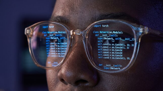 Close-up of coder wearing glasses reflecting Python code