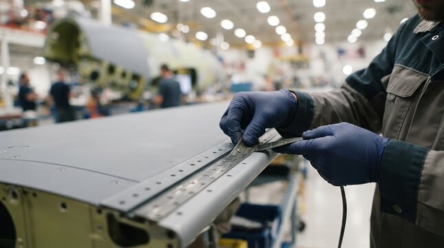gloved hands fitting a composite rivet strip into a wing panel edge in a factory