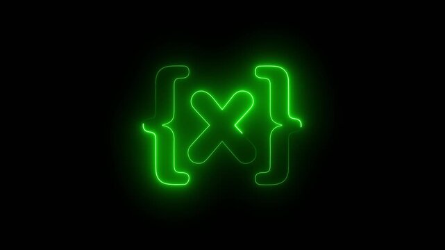 Glowing green neon code brackets icon on dark background