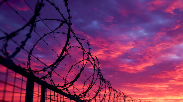 Barbed Wire Fence Silhouette at Sunset Sky Background for Freedom and Border Security Concept