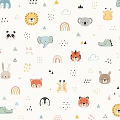 Obraz premium Cute Animal Faces Seamless Pattern with Pastel Doodles