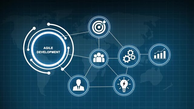Digital agile development process infographic with interconnected business global network connectivity, strategic planning, team collaboration, and workflow optimization motion background