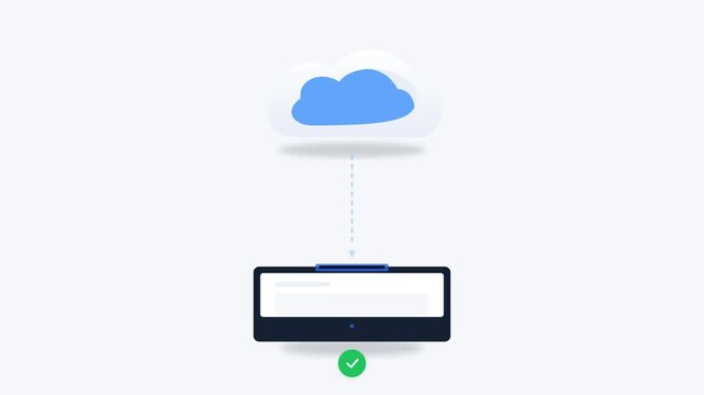 Cloud sync series showing digital document transferring between cloud database and computer console