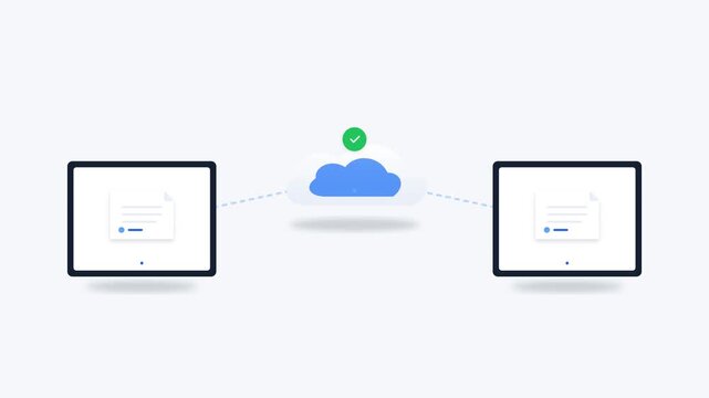 Cloud sync series depicting digital data transfer and synchronization between tablet devices and a central cloud icon in a minimalist flat design