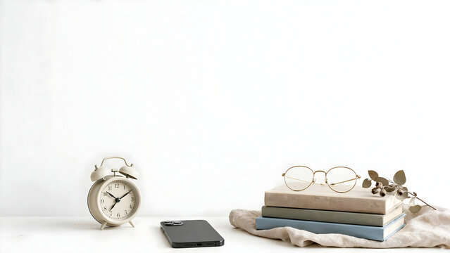 Vintage alarm clock beside phone and book stack on white for morning routine article header