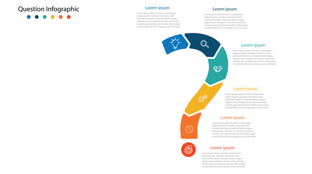 Question mark infographic template with 6  options for business decision making, problem solving, faq design, workflow visualization, analysis, and strategy presentation.