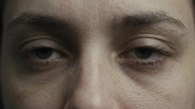Horizontal macro close-up video of a tired person's sleepy eyes blinking and looking around with dark circles