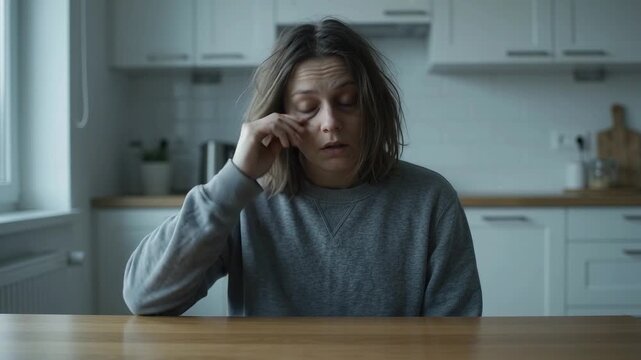 Horizontal video of a heavily exhausted woman with dark circles under her eyes sitting at a kitchen table and rubbing her face