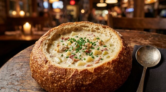 Fresh clam chowder served in a bread bowl with a sprinkle of chives close-up food photography for restaurant menu and food marketing