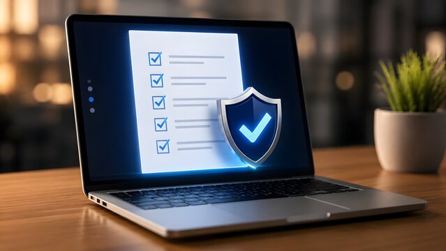 Digital compliance checklist and secure document verification concept on laptop screen with protective shield representing legal contract and data privacy