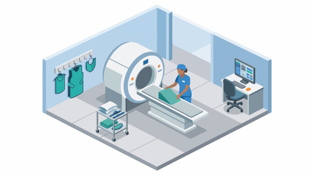 Modern medical imaging room with MRI machine and technician.