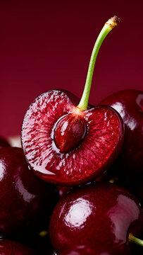 sliced dark red cherry resting atop whole cherries