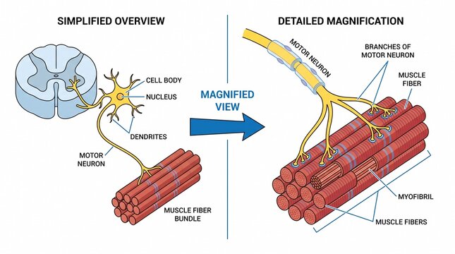 Anatomical diagram showing motor neuron connecting to muscle fibers