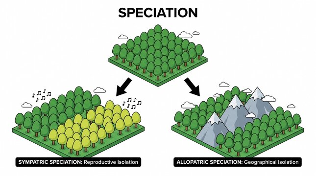Speciation diagram showing sympatric and allopatric evolution process