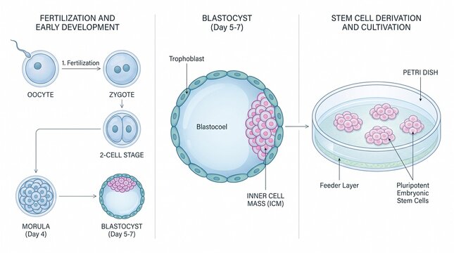 Embryonic development and stem cell derivation process diagram