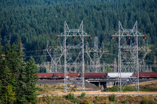 View of a freight train passing by large metal electrical transmission towers with a dense evergreen forest in the background near the Bonneville Dam in Cascade Locks, Oregon, United States.
