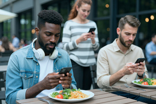Young adults using smartphones during meal at outdoor cafe, showing digital distraction and social disconnection. Ideal for mobile addiction, screen time, lifestyle marketing