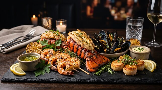 Delicious grilled seafood platter with lobster tails shrimp mussels and scallops on stone tray
