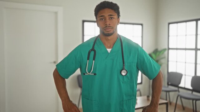 Young man doctor in green scrubs with stethoscope, hands on hips in building waiting room; confidence compassion care.