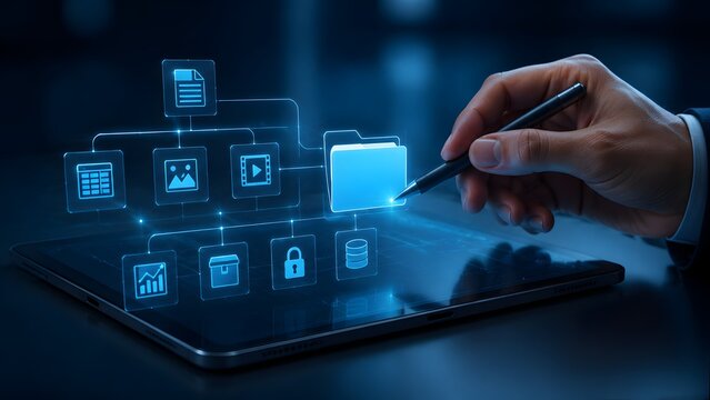 Document management system interface with hand using stylus to organize digital files folders and cloud storage data network