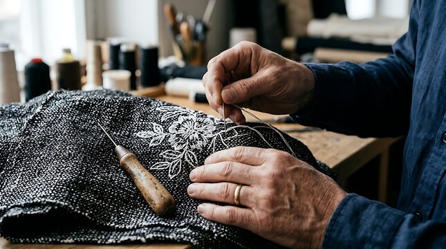 Hands stitching white floral pattern on dark fabric