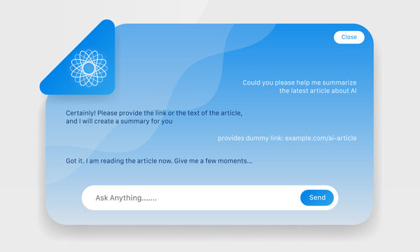 AI assistant chat window mockup showing article summarization prompt with blue gradient theme and input bar