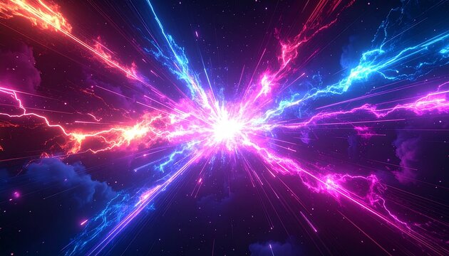 強力な閃光から放射状に疾走するマゼンタの光線束。青いプラズマ稲妻と星雲状の光が全方位へ拡散するSF背景素材