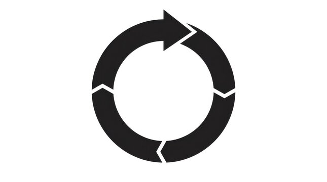 Circular black arrow graphic represents continuous process, cycle, or repetition on a clean white backdrop.